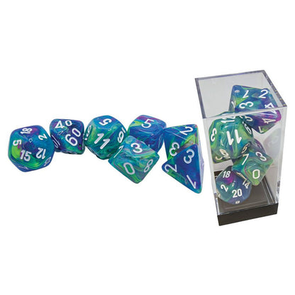 Marbled blue, green and purple polyhedral dice, some scattered, some in a clear display case