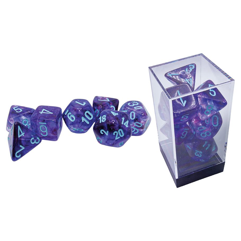 Purple and blue swirled polyhedral dice with teal numbers, some scattered, some in a clear case