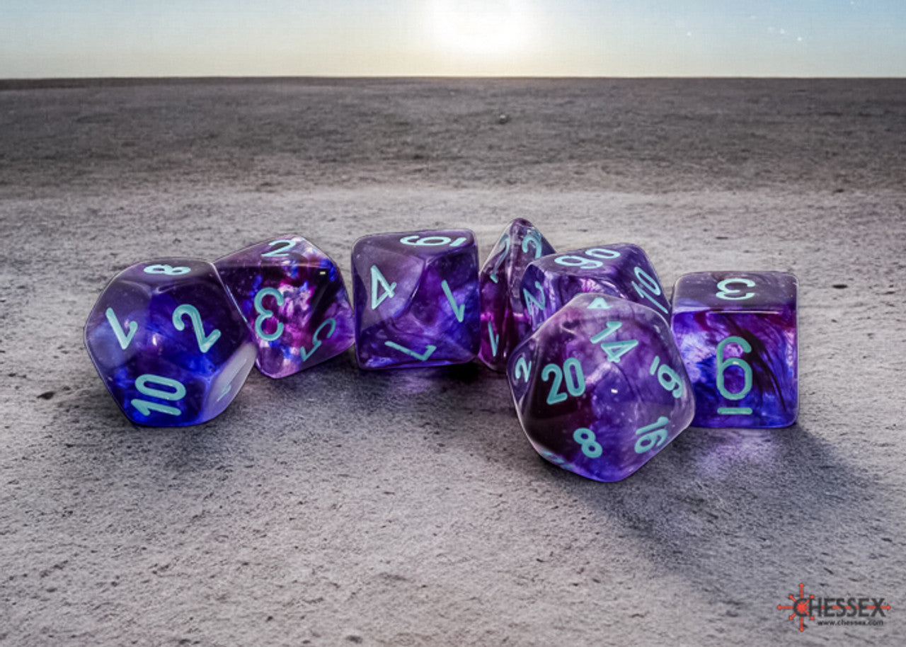 Marbled purple and blue polyhedral dice with teal numbers scattered on textured grey ground under a bright sky