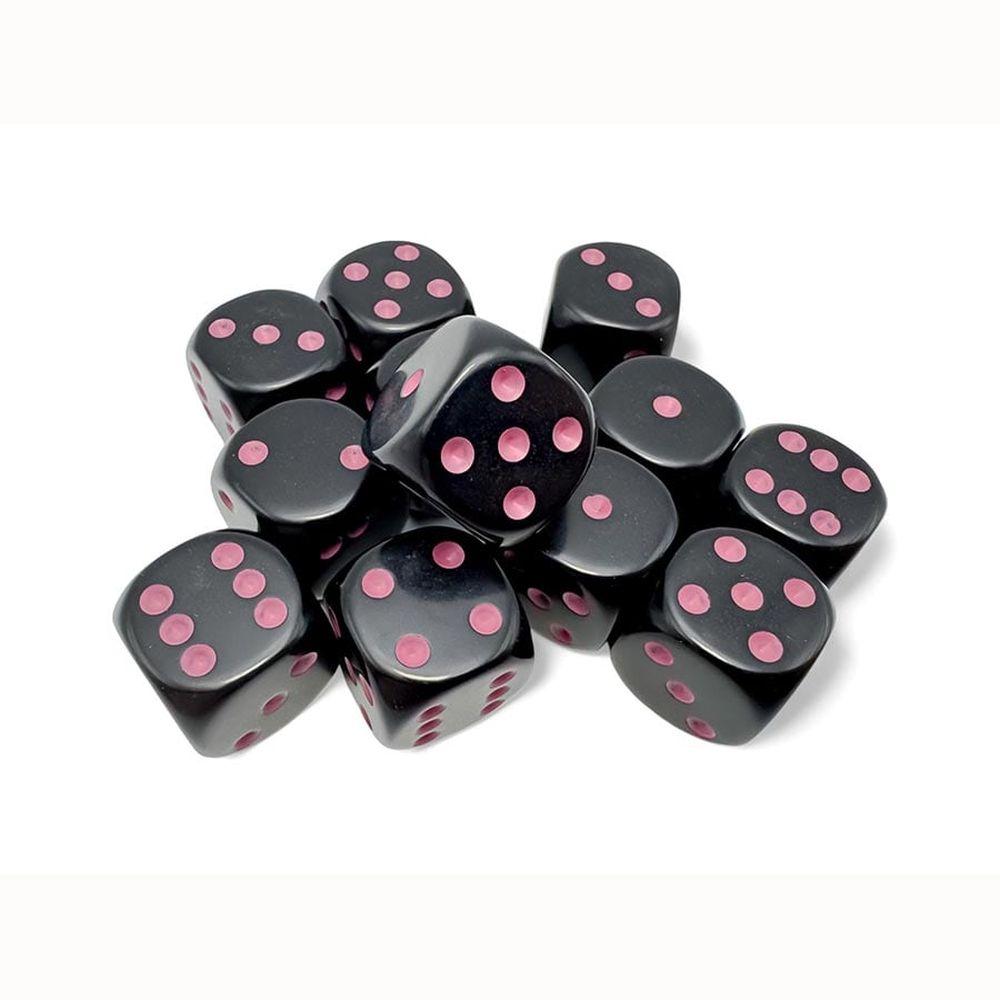 Black dice with pink pips scattered on a white background