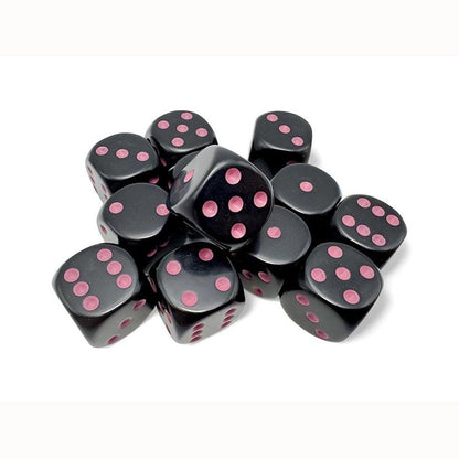 Black dice with pink pips scattered on a white background