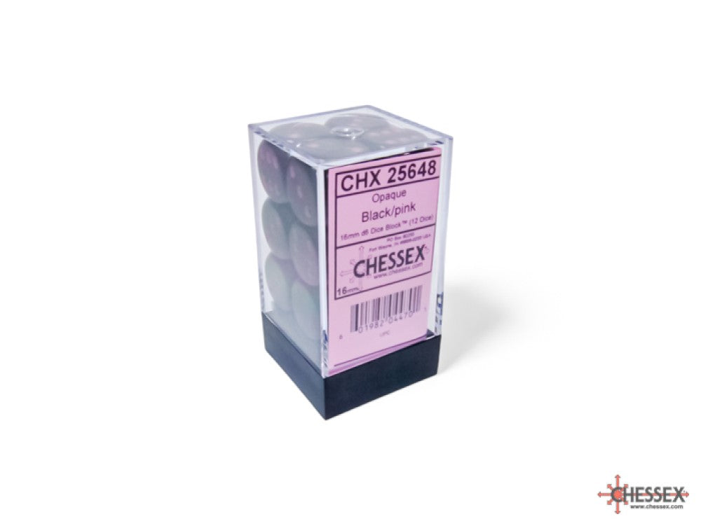 A clear plastic box containing 12 opaque black/pink Chessex d6 dice with a pink product label