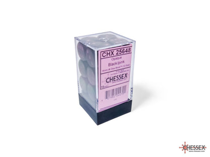 A clear plastic box containing 12 opaque black/pink Chessex d6 dice with a pink product label