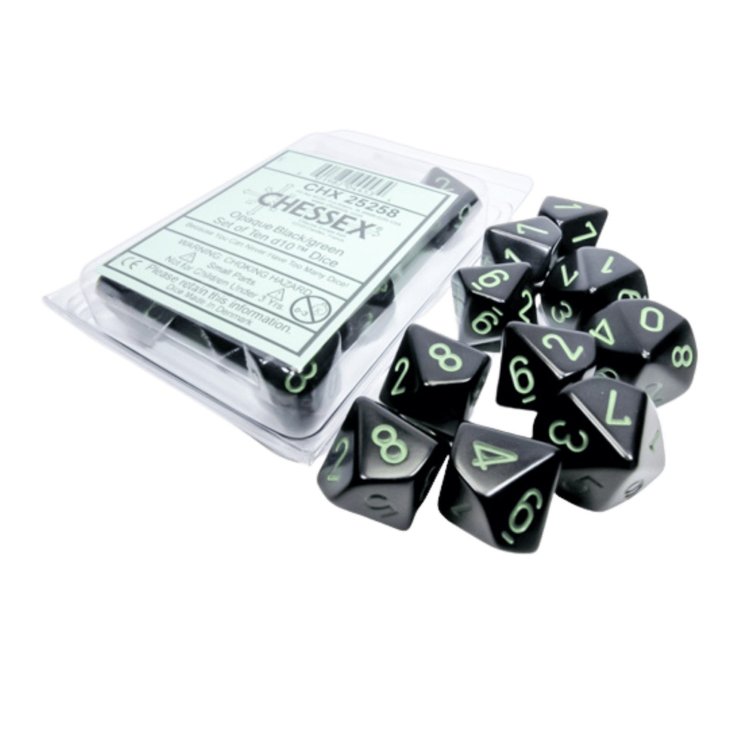 CHESSEX set of ten black d10 dice with green numbers, some in packaging, others scattered