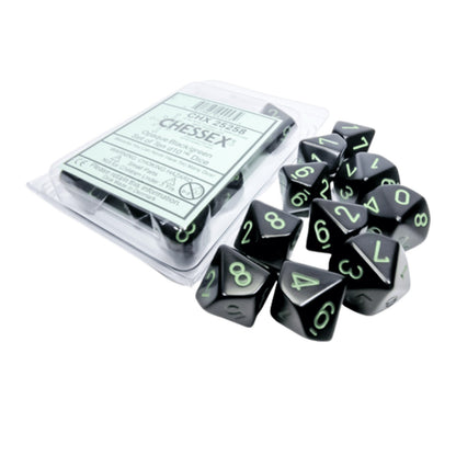 CHESSEX set of ten black d10 dice with green numbers, some in packaging, others scattered
