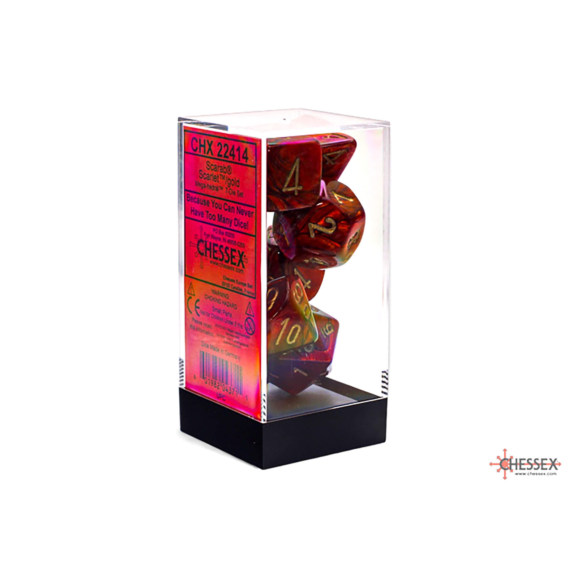 Chessex Scarab Scarlet/Gold 7-die set in clear plastic display box