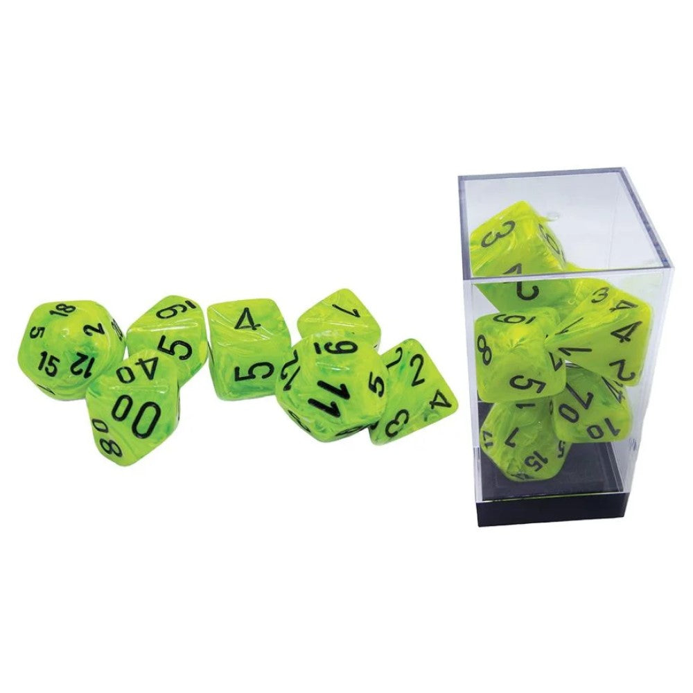 Neon green marbled polyhedral dice, some scattered and some in a clear plastic display box