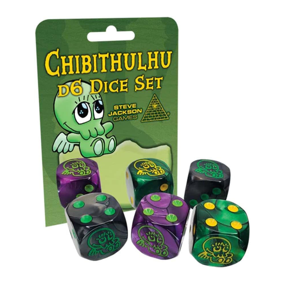 Chibithulhu D6 Dice Set package showing cartoon Cthulhu and five dice: green, purple, and black with Cthulhu symbols and yellow/green pips