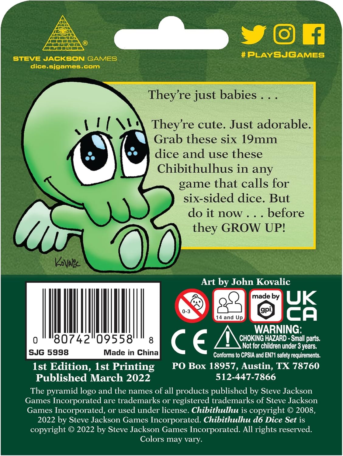 Back of Chibithulhu d6 Dice Set packaging, featuring a cute green Chibithulhu character, product description, barcode, warnings, and Steve Jackson Games branding