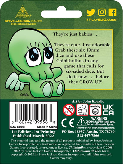Back of Chibithulhu d6 Dice Set packaging, featuring a cute green Chibithulhu character, product description, barcode, warnings, and Steve Jackson Games branding