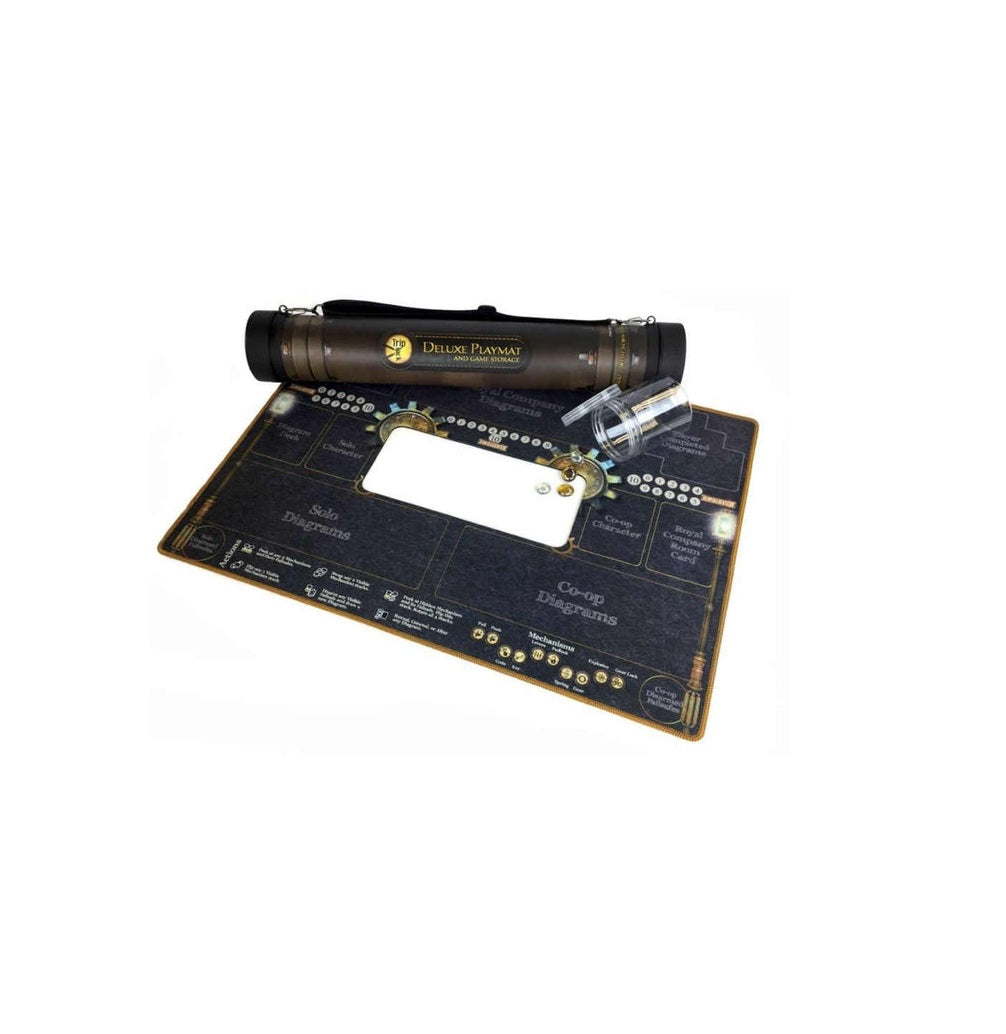 A dark board game playmat with game diagrams laid out, beside a brown "Deluxe Playmat" storage tube and a clear token holder
