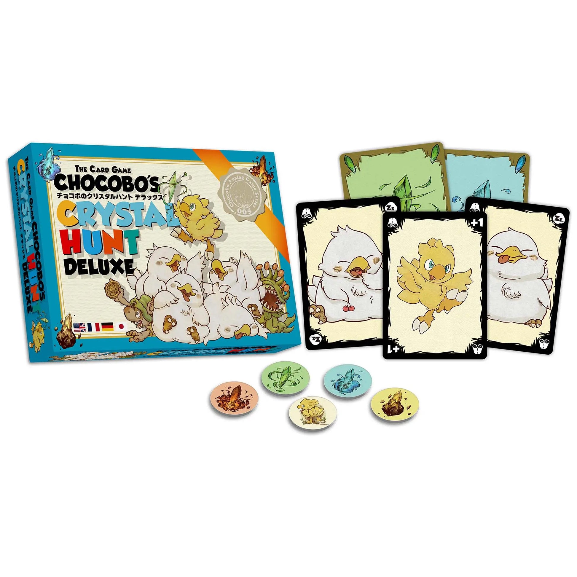 Chocobo's Crystal Hunt Deluxe card game, showing its box, character cards, and colorful crystal tokens