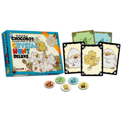 Chocobo's Crystal Hunt Deluxe card game, showing its box, character cards, and colorful crystal tokens