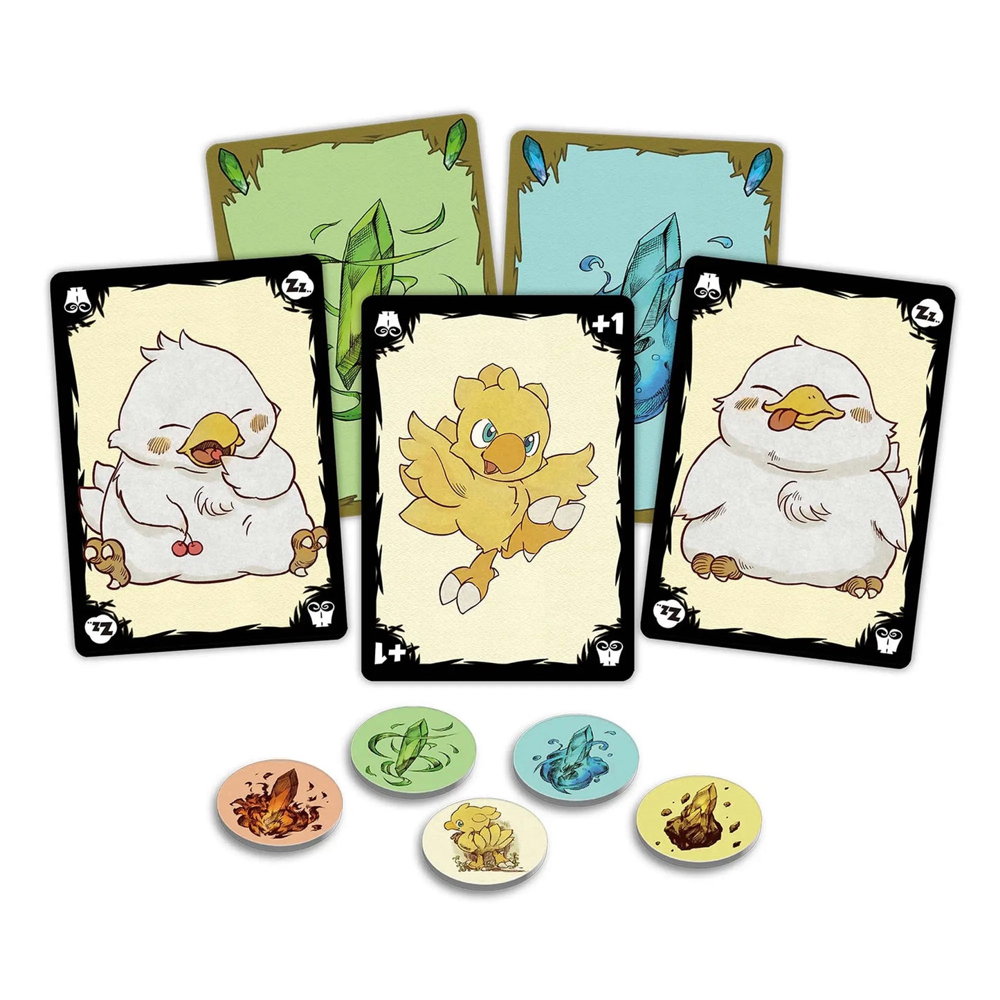 Chocobo card game components: Three cards with cartoon Chocobos (yellow active, two white sleeping), two crystal cards, and five elemental tokens