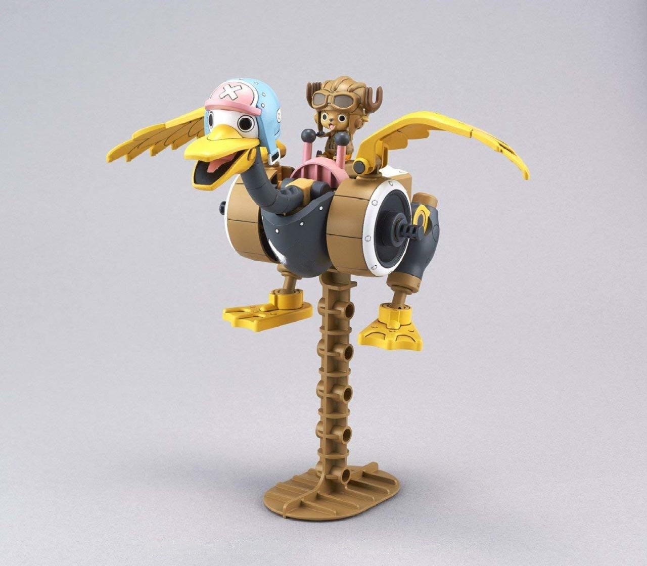A small, furry character with antlers and goggles rides a brown mechanical duck-like creature wearing a blue helmet, on a display stand