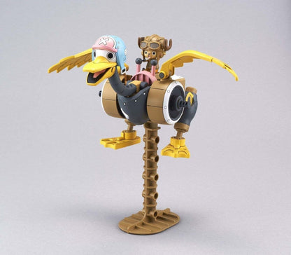 A small, furry character with antlers and goggles rides a brown mechanical duck-like creature wearing a blue helmet, on a display stand