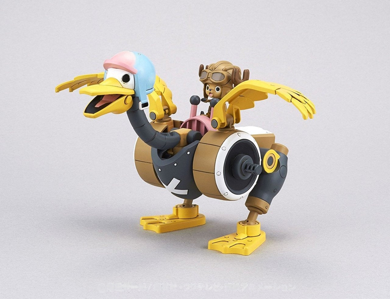 One Piece's Chopper in aviator gear rides a brown and black mechanical duck with yellow wings and a blue helmet