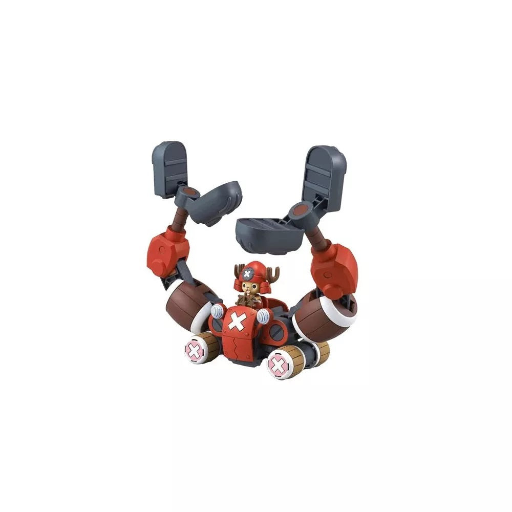One Piece's Tony Tony Chopper piloting a red and brown mecha with large, upward-curving robotic arms and barrel-shaped wheels