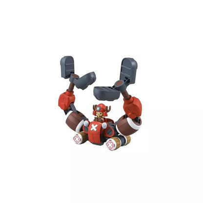 One Piece's Tony Tony Chopper piloting a red and brown mecha with large, upward-curving robotic arms and barrel-shaped wheels