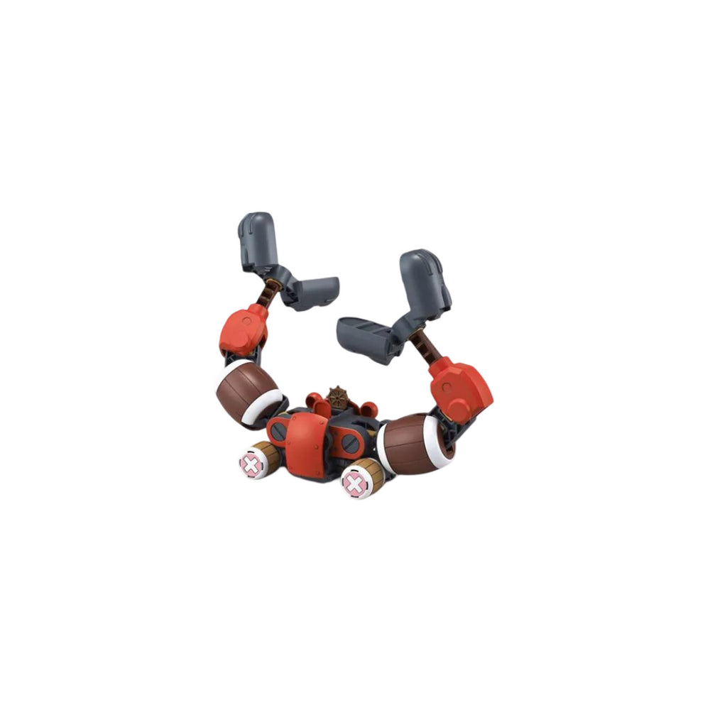 A red and gray robot with raised claws, barrel sides, and small rear wheels