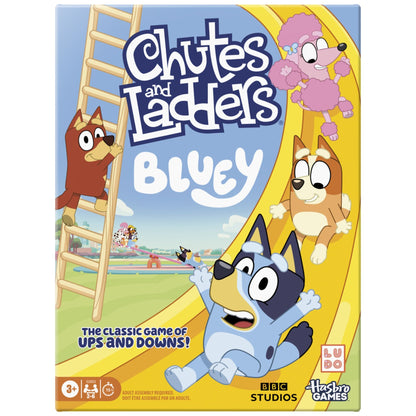 Chutes and Ladders Bluey board game box, Bluey, Bingo, Rusty, and Pom Pom characters climb ladders and slide down yellow chutes in a vibrant park