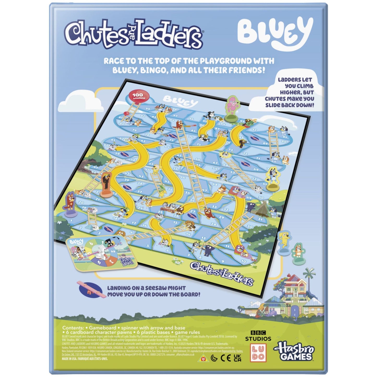 Bluey Chutes and Ladders board game box, shows the numbered game board with yellow slides, ladders, and Bluey characters racing to the top