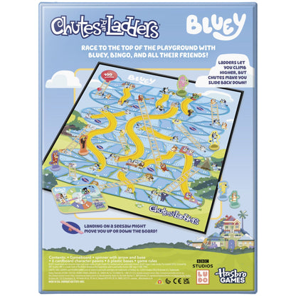 Bluey Chutes and Ladders board game box, shows the numbered game board with yellow slides, ladders, and Bluey characters racing to the top