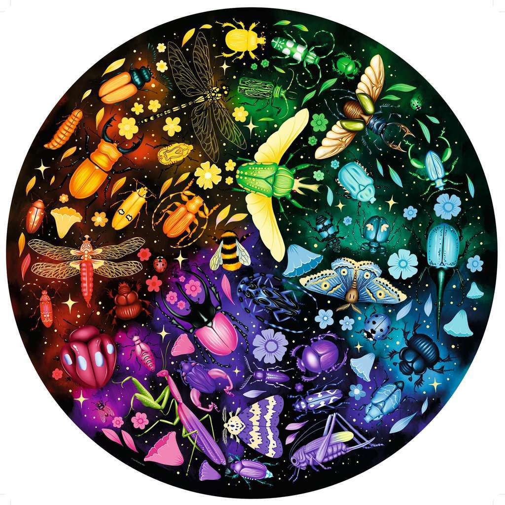 Vivid circular illustration showing dozens of insects and beetles arranged in a rainbow color spectrum