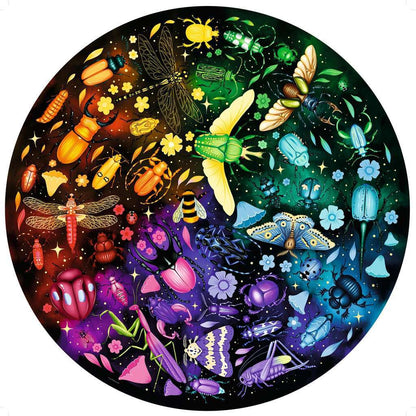 Vivid circular illustration showing dozens of insects and beetles arranged in a rainbow color spectrum