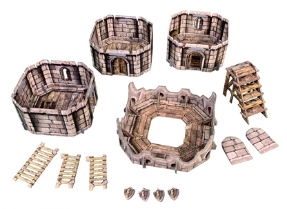 Modular stone fantasy terrain set with rooms, tower section, ladders, and shield tokens on black.