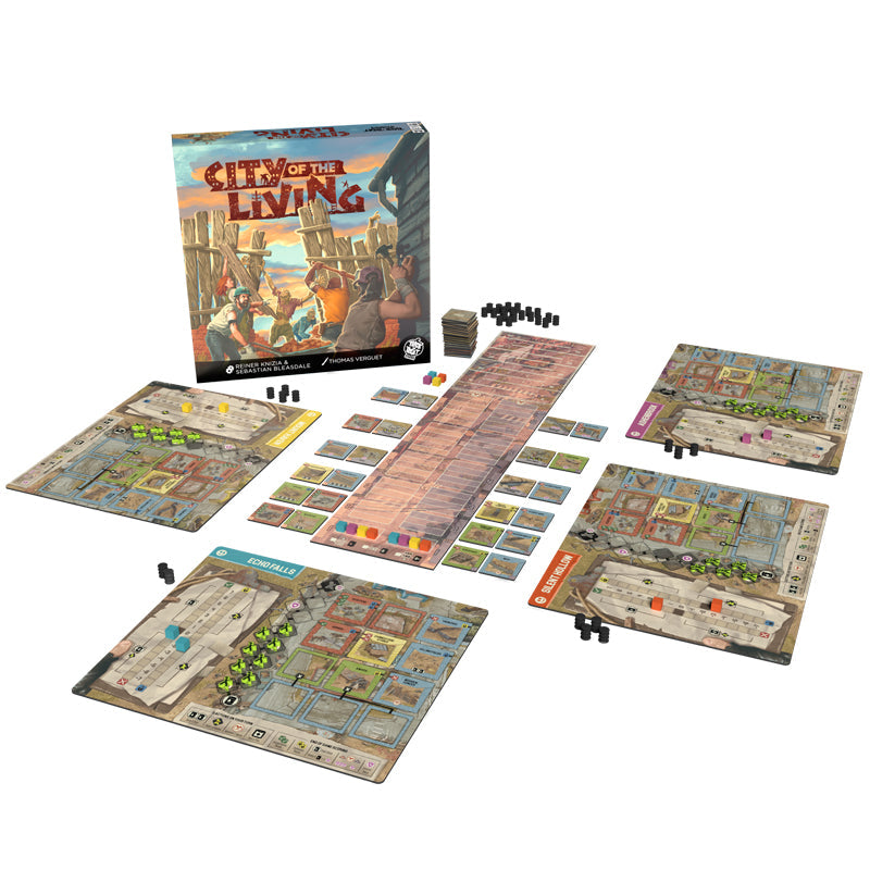 City of the Living board game set featuring box game boards and playing pieces spread out on a white background