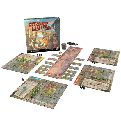 City of the Living board game set featuring box game boards and playing pieces spread out on a white background