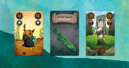 Three fantasy game cards display a goblin with a glowing orb, a green serpent sword, and an old druid holding a staff