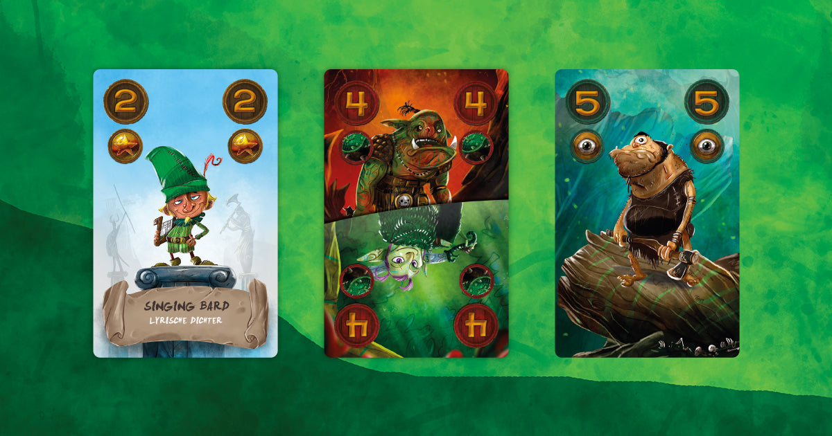Three colourful fantasy game cards feature an elf bard, a two-sided card with a troll and goblin, and an ogre with an axe