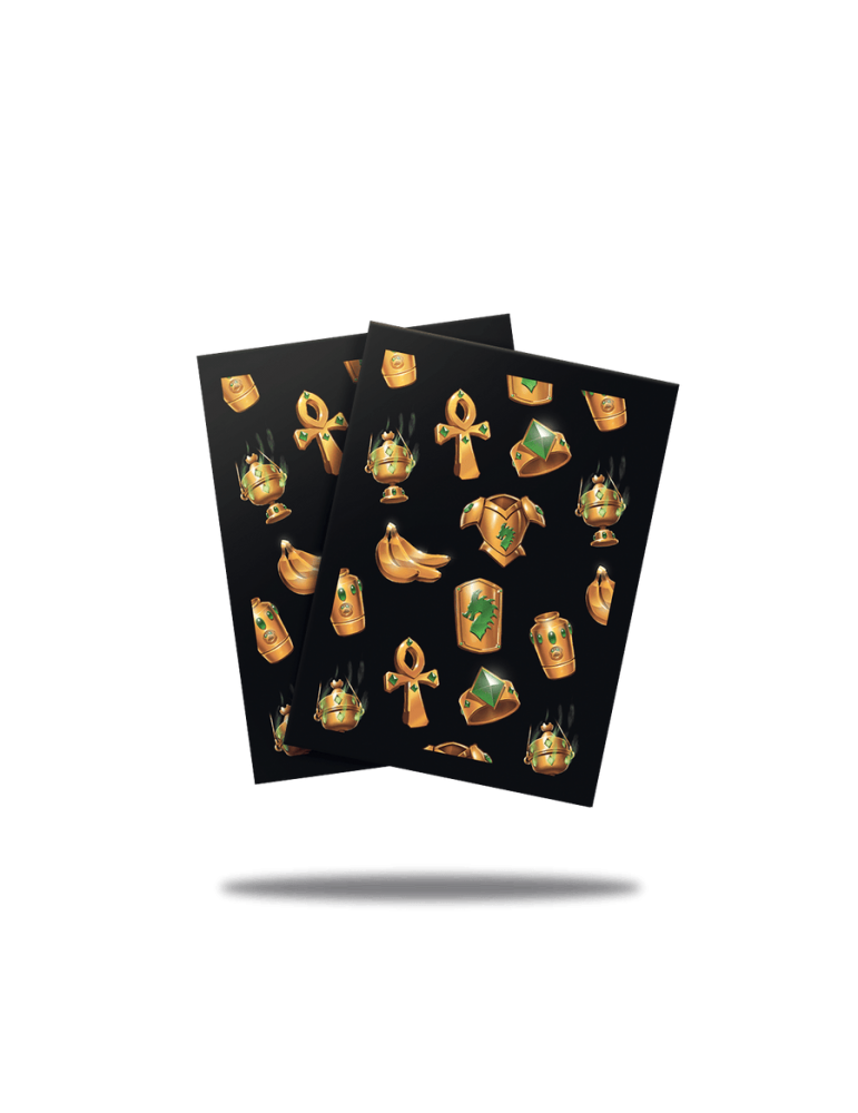 Two black cards covered in golden Egyptian treasure icons: ankhs, jewel rings, incense burners, armor pieces, and gold bananas