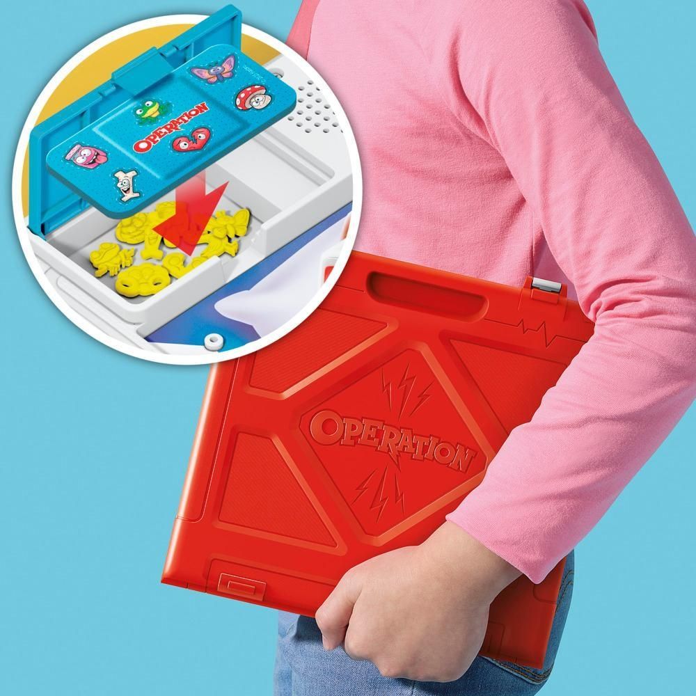 Child holds a red Operation game case, An inset shows small yellow game pieces being put into the blue storage tray