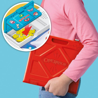 Child holds a red Operation game case, An inset shows small yellow game pieces being put into the blue storage tray