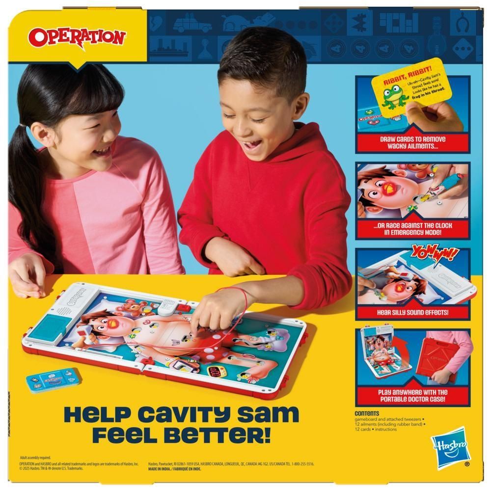 Two smiling children play the Operation board game; a boy uses tweezers to remove an ailment from Cavity Sam