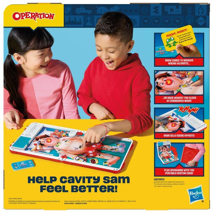 Two smiling children play the Operation board game; a boy uses tweezers to remove an ailment from Cavity Sam