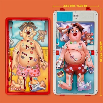 Two versions of the "Operation" board game, showing patient "Cavity Sam" with various ailments to be removed