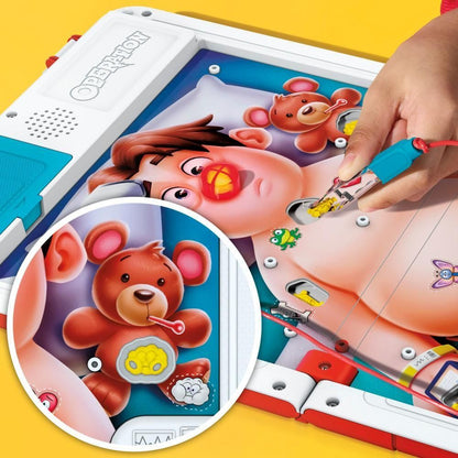 Hand uses tweezers to remove a "funny bone" from Cavity Sam on the "Operation" board game. An inset shows a teddy bear