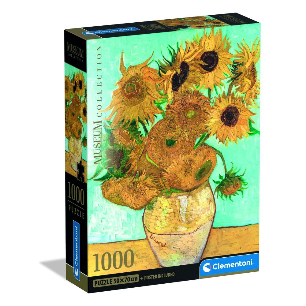 A 1000-piece Clementoni puzzle box featuring Van Gogh's iconic Sunflowers painting