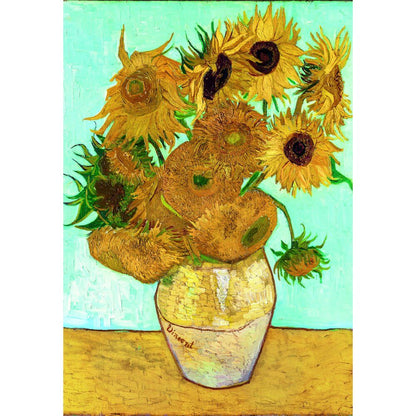 Van Gogh's iconic "Sunflowers" painting: vibrant yellow and orange sunflowers in a vase on a yellow table against a teal wall