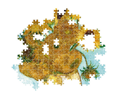 An incomplete jigsaw puzzle forming Van Gogh's Sunflowers painting, with several white gaps