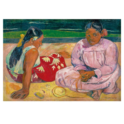 Gauguin's painting: Two women, one in red, one in pink, sit on sand by water. One looks down, the other crafts