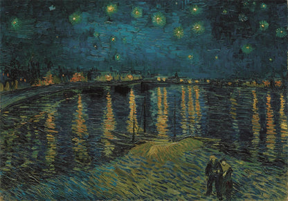 An expressive painting of a starry night over a river. A couple walks by city lights reflecting on the water, beneath vivid, swirling stars