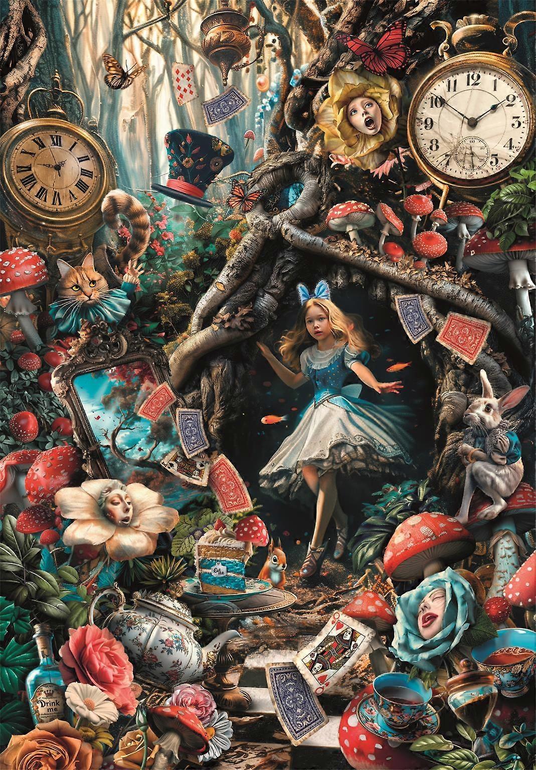 Alice stands in a fantastical Wonderland forest with Cheshire Cat, White Rabbit, giant mushrooms, and floating cards