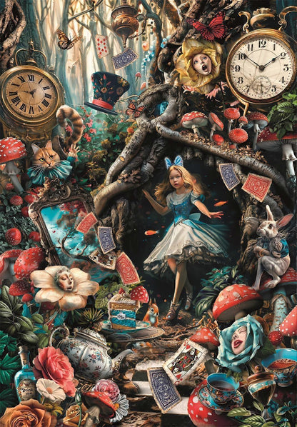 Alice stands in a fantastical Wonderland forest with Cheshire Cat, White Rabbit, giant mushrooms, and floating cards
