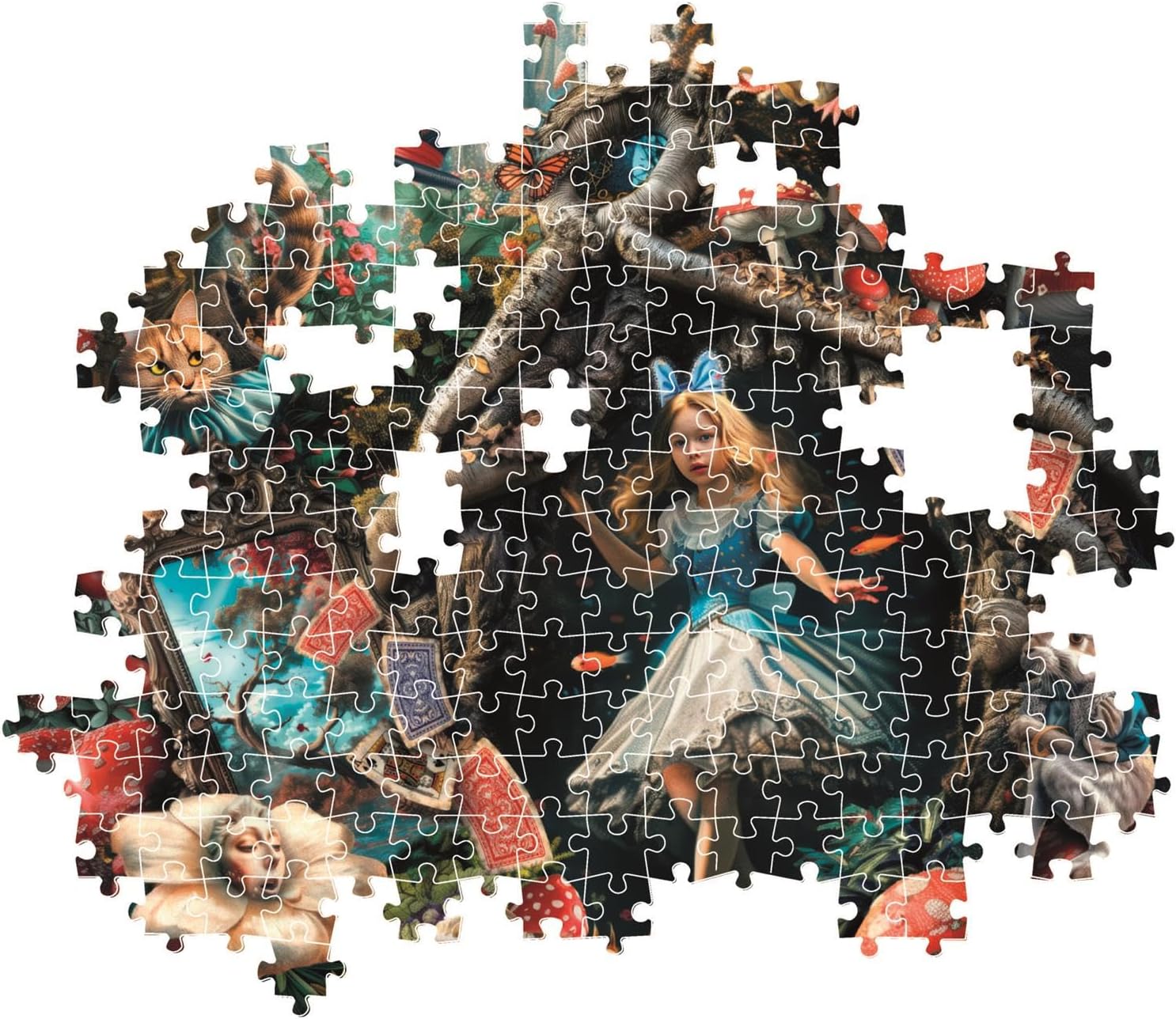Incomplete Alice in Wonderland jigsaw puzzle, showing Alice falling amidst the Cheshire Cat, cards, and mushrooms