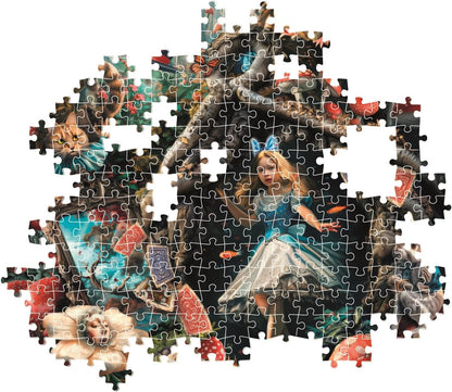 Incomplete Alice in Wonderland jigsaw puzzle, showing Alice falling amidst the Cheshire Cat, cards, and mushrooms